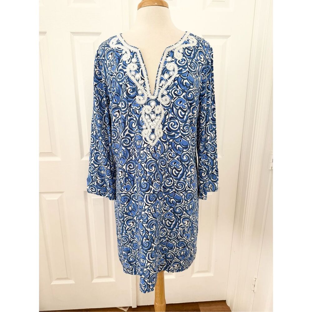 Lilly Pulitzer Julianna Tunic Dress Indigo Chasing Tail Large Beaded